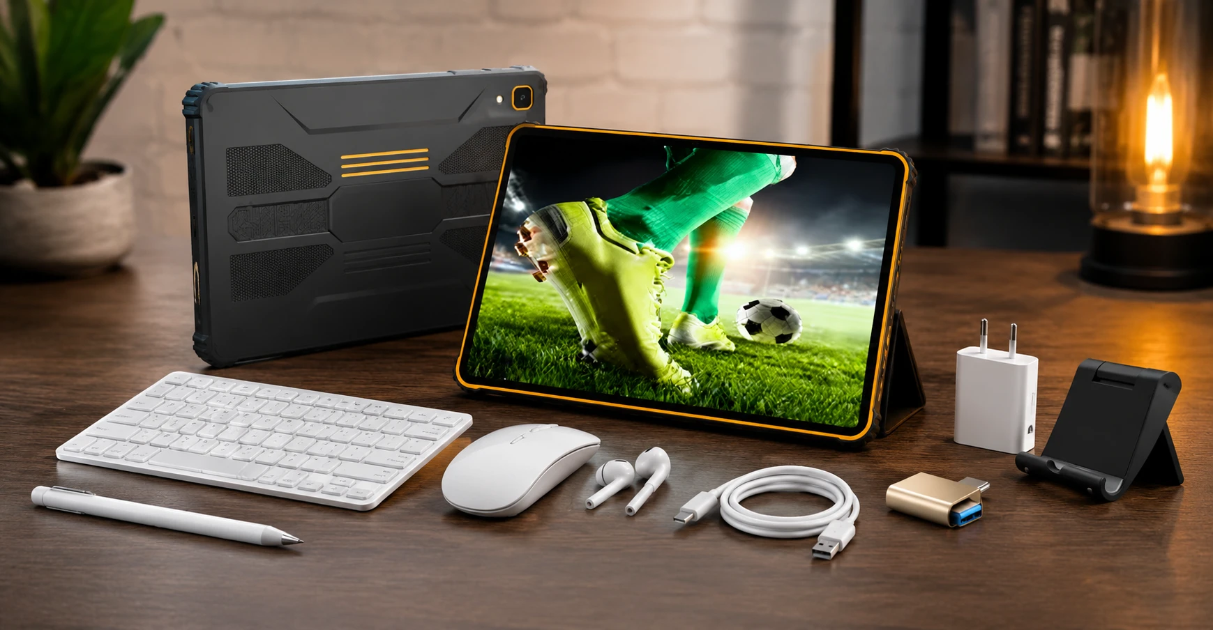Imagem do Tablet Hancdon Pro 12-a exibindo o design do aparelho e seus acessórios