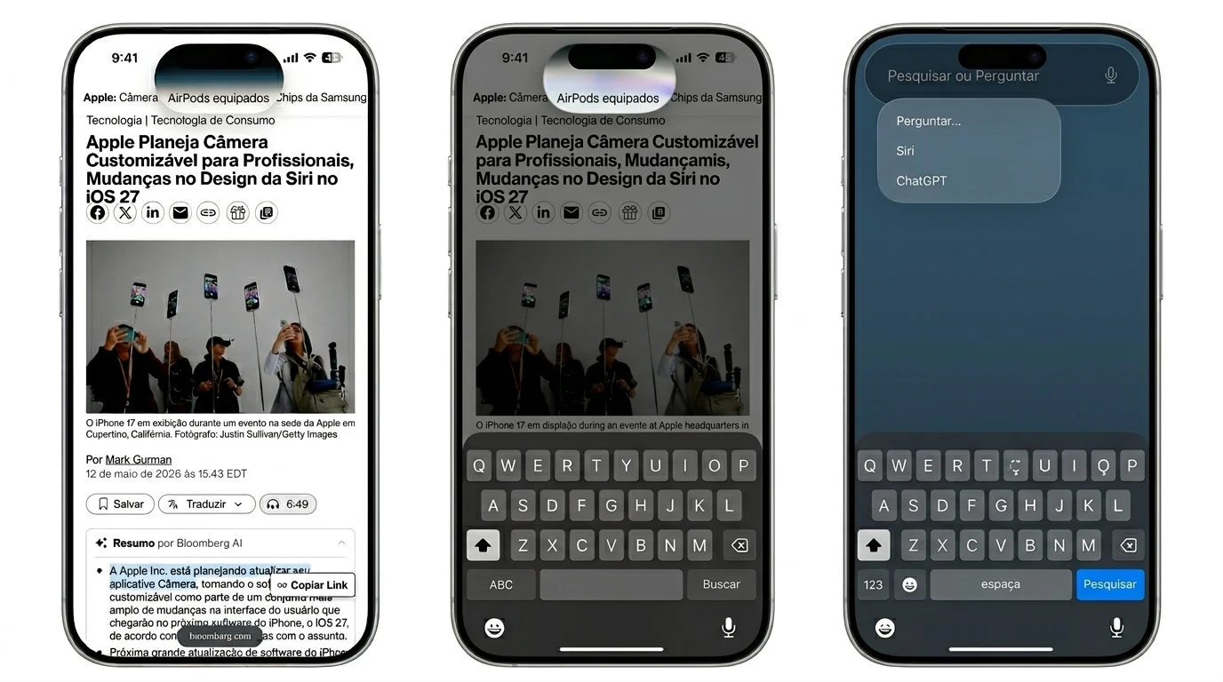 Três telas de iPhone mostram possível interface do iOS 27 com Siri, recurso Search or Ask e integração de inteligência artificial.